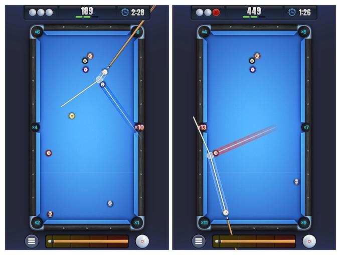 Two 8 Ball Strike game boards side by side. On the left, you can see the entire trajectory a pool ball will follow into the pocket. On the right, you can only see the trajectory for about half of the ball's path toward the pocket.