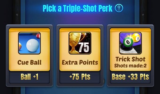 Three triple-shot perks in the 8 Ball Strike game. One is for an extra cue ball, one is for an extra 75 points, and one is for 33 points on each trick shot the player has made.