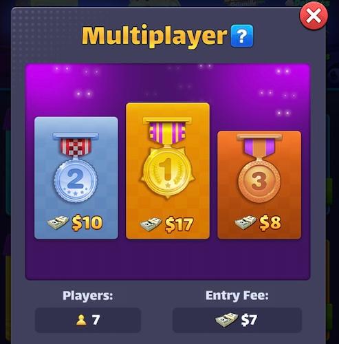 A prize pool breakdown in the 8 Game Strike game app. The first-place winner will get $17, second-place will get $10, and third-place will get $8. The entry fee is $7. 