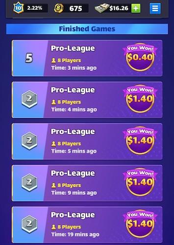 A tournament history screen in the 8 Ball Strike app showing multiple games the author has played.