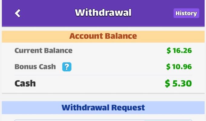 A withdrawal summary from 8 Ball Strike showing a total balance of $16.26, with a bonus cash amount of $10.96 and a real cash amount of $5.30.