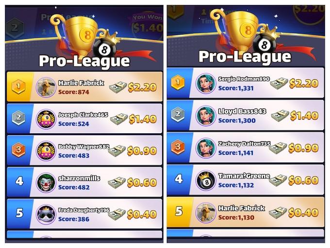 Two 8 Ball Strike leaderboards side by side showing the author placing first on the left with a score of 874, and placing fifth on the right with a score of 1,135.