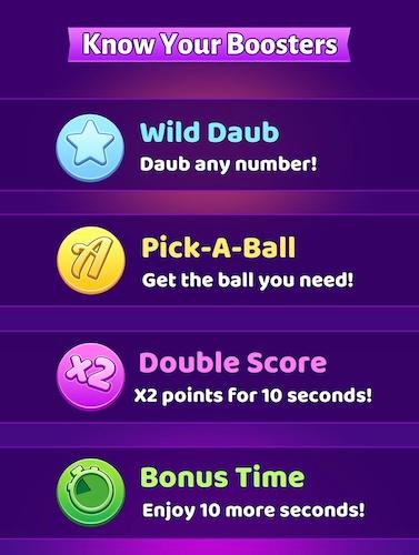 A screenshot from the game Bingo Cash showing the four types of boosters you can use.