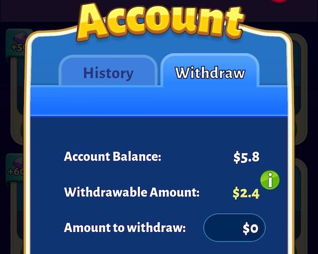 A screenshot from the game Bingo Cash showing an account summary. The account has a total amount of $5.80, but a withdrawable amount of only $2.40.