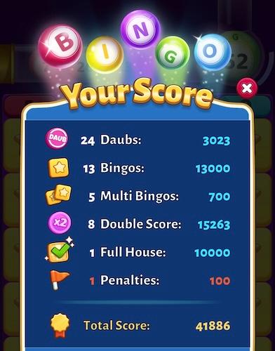 A screenshot from the game Bingo Cash showing a scoreboard breakdown.