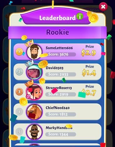A screenshot from the game Bingo Cash showing a leaderboard. The author is in first place and won $2.90.