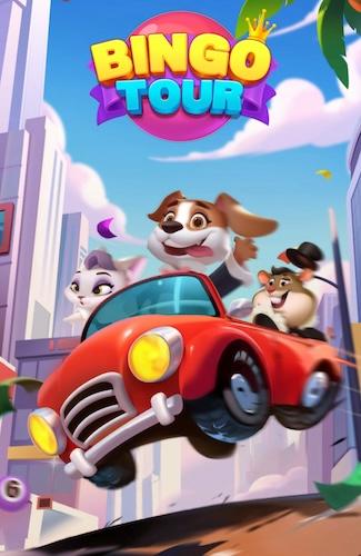 The Bingo Tour app intro graphic, which is of a cartoon dog, cat, and hamster in a red car.