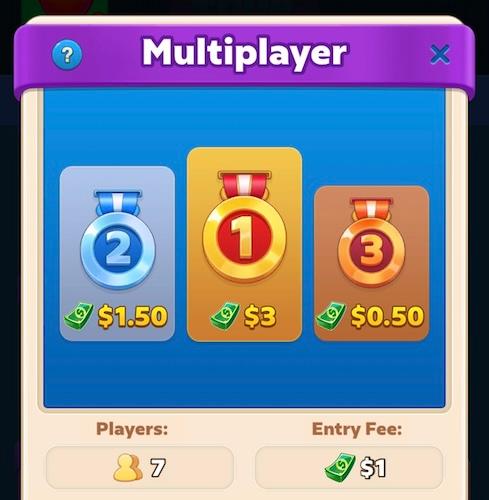 A breakdown of a Bingo Tour cash tournament prize pool. First place wins $3, second place wins $1.50, and 3rd place wins $0.50.