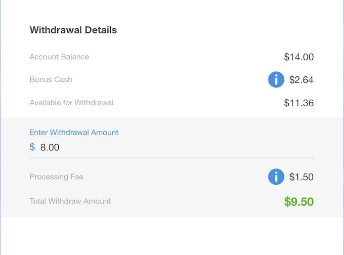 A withdrawal details page from Blackout Bingo showing a $14 account balance and a $9.50 total withdrawal amount.