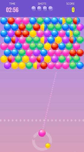 The Bubble Cash game board. Multicolored bubbles line the top of the screen, and at the bottom there's a bubble aiming to be shot up. 