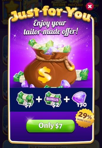 An example of a Bubble Cash pop-up promotion. It wants the player to deposit $7 to get $2 worth of bonus cash, plus 170 gems.