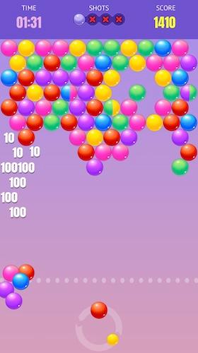 The Bubble Cash game board showing popped and dropping bubbles that score between 10 and 100 points.