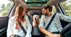 A happy family with their dog in a car