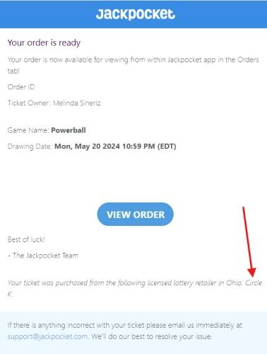 Screenshot of Jackpocket email