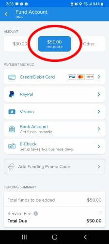 Jackpocket screenshot of default funding amount