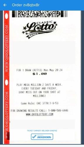 Screenshot of a lottery ticket from Jackpocket