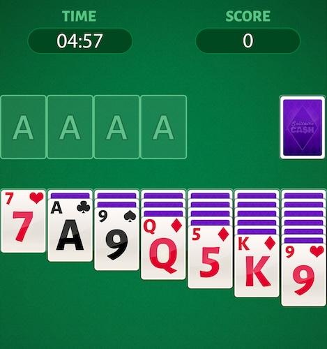 A screenshot from Solitaire Cash showing the basic setup of a digital Solitaire game, except that there's a timer in the corner counting down from 5 minutes. There's also a score box, currently at 0 points.