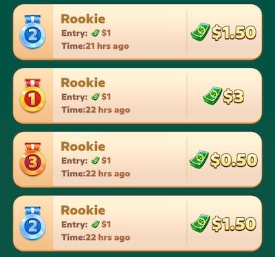 The Solitaire Clash tournament history screen showing four tournaments won in a row, with places ranging from 1st to 3rd.