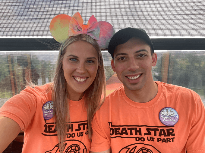Aly Ruffing and her husband dressed in Star Wars shirts. 