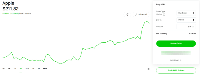 Apple order review screen in the Robinhood app.