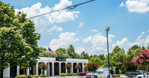 The Bank of the Ozarks with an American Flag and blue sky.