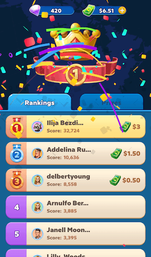 A Bingo Tour game leaderboard. The author won first place in this tournament.