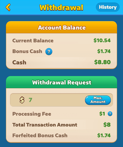 A summary of a Bingo Tour game withdrawal request. The total cash balance is $8.80. 