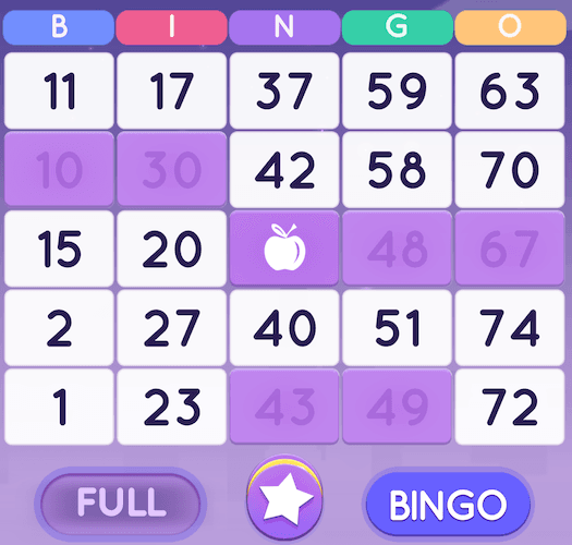 A Blackout Bingo game board showing stacked booster buttons at the bottom. The booster bar says "Full." 