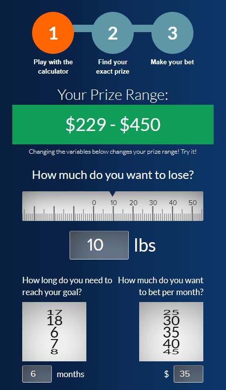 HealthyWage's betting screen showing the prize range and weight loss details.