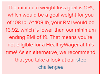 HealthyWage's BMI advisory that states participant is not eligible. 