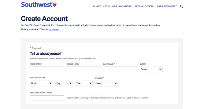 Southwest create account page.
