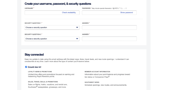 Southwest create your username, password, and security questions page.