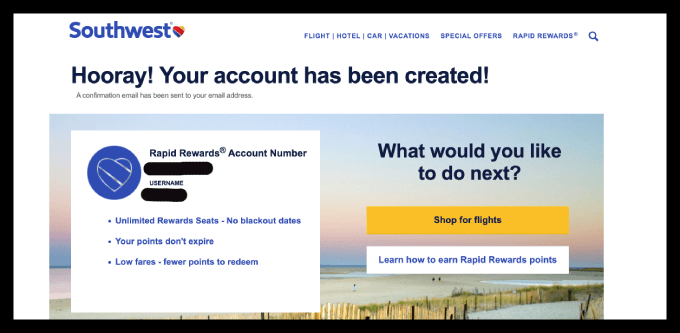 Southwest your account has been created page.