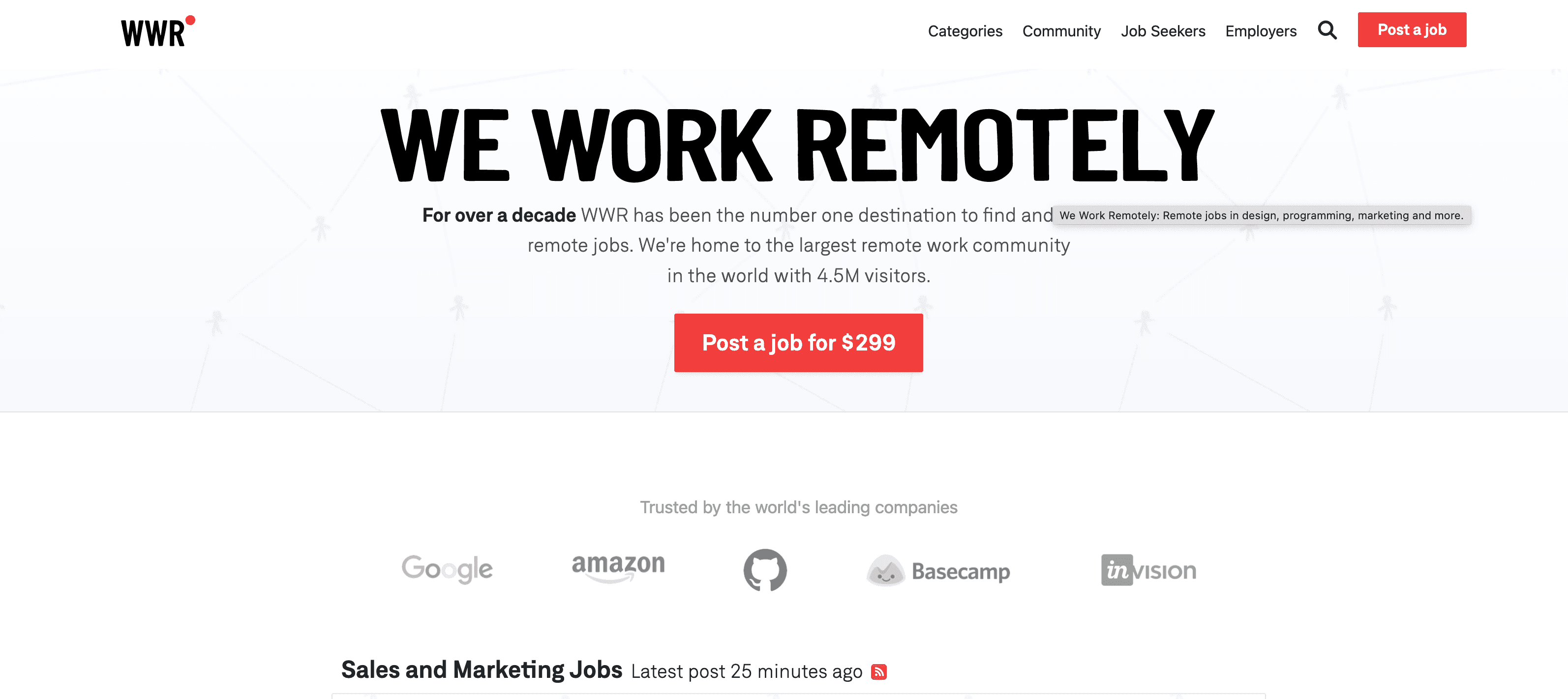 We Work Remotely home page. 