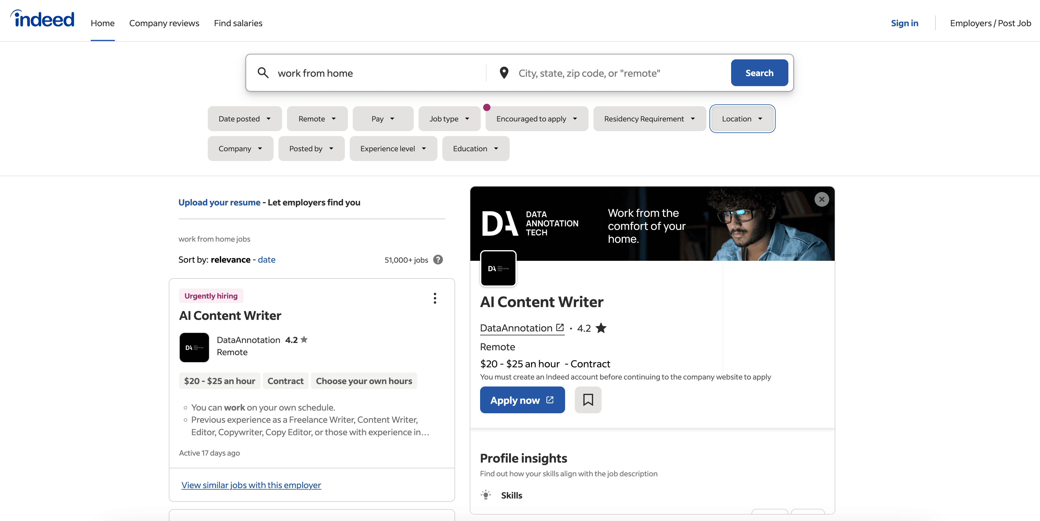 The Indeed home page.