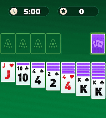 A screenshot of the Solitaire Clash game board showing a classic solitaire game setup with a score total and timer at the top.