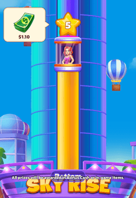 A Solitaire Clash animated graphic showing a woman with red hair riding up a transparent elevator on a skyscraper building.
