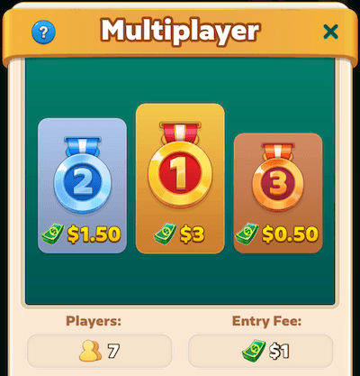 The Solitaire Clash rewards overview for a Rookie tournament. 1st place wins $3, 2nd gets $1.50, 3rd gets $0.50. 