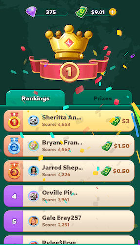 The Solitaire Clash leaderboard for a Rookie tournament. The author is in first place and won $3. 